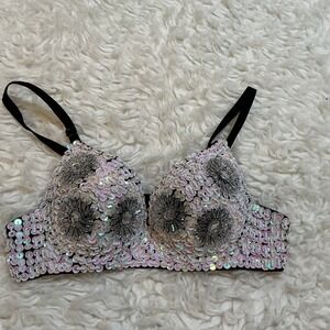 Embellished Sequin Crystal Bralette Sz36/80 Floral Beaded Rave Festival Lingerie